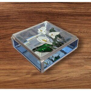 Stained Glass Calla Lily Trinket Box Small Decorative Square Front Hinged Lid